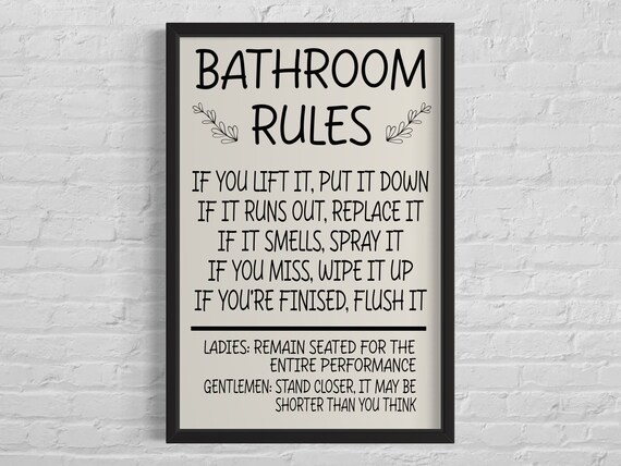 Funny Bathroom Rules Sign Poster Print Ladies And Gentlemen Rules Fun Bathroom Wall Art Humour Typography