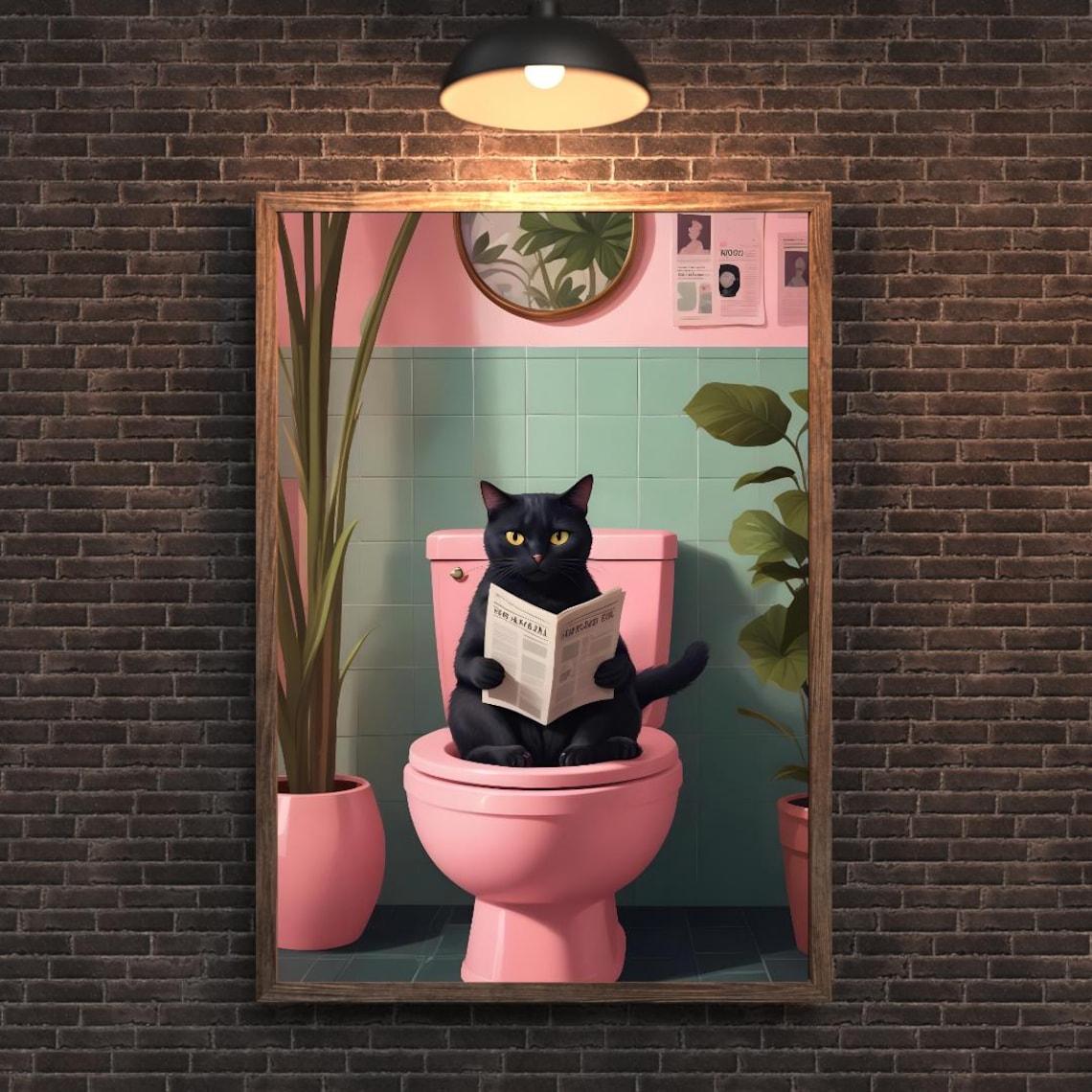 Black Cat Reading Paper on Pink Toilet Bathroom Funny Poster - Image 4