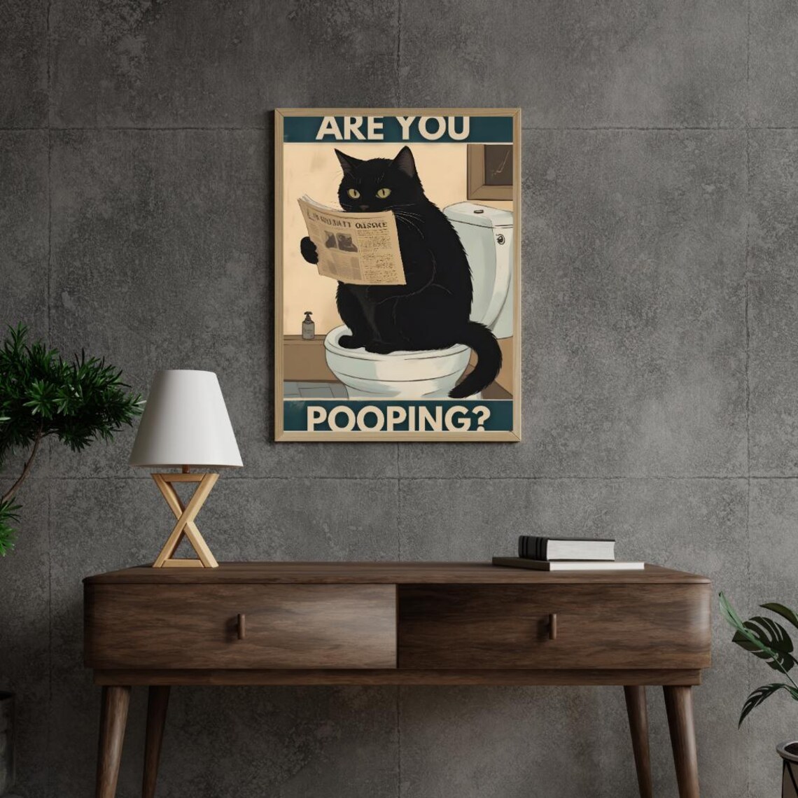 Funny Black Cat Reading Newspaper on Toilet Retro Humor Poster - Image 3