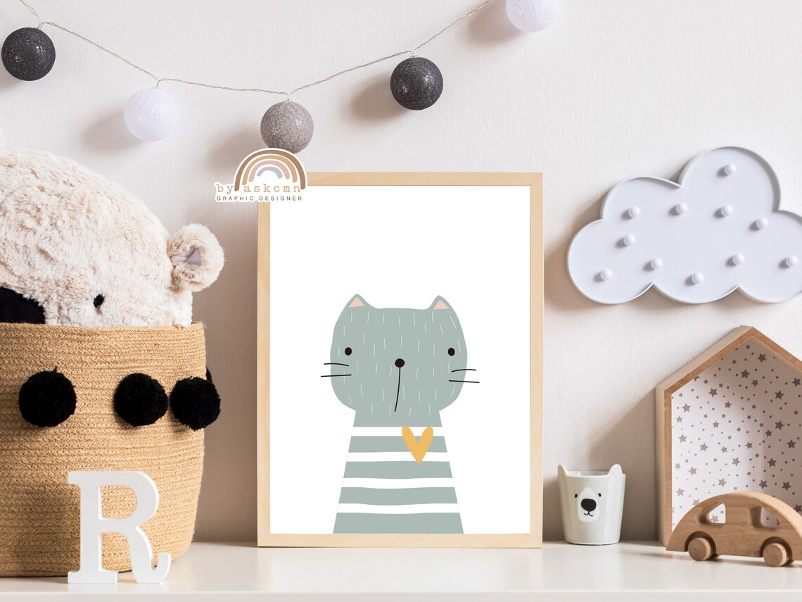 Cute Gray Cat With Striped Sweater And Heart Nursery Decor Poster - Image 6