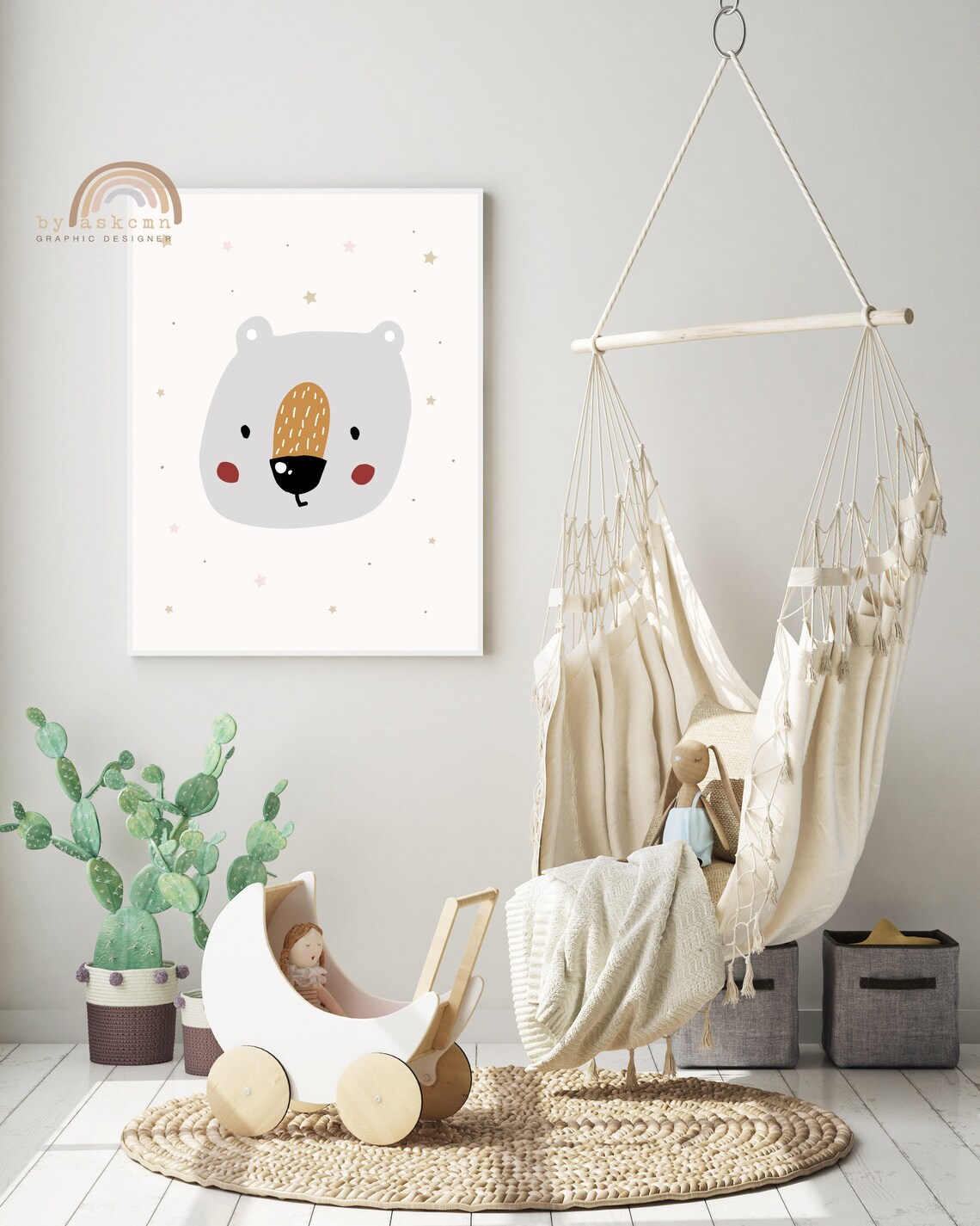 Gray Polar Bear Blush Cheeks Starry Background Cute Nursery Animal Wall Decor Poster - Image 3