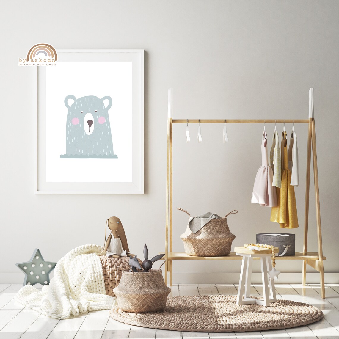 Gray Bear Face With Pink Cheeks Minimalist Nursery Animal Poster - Image 2
