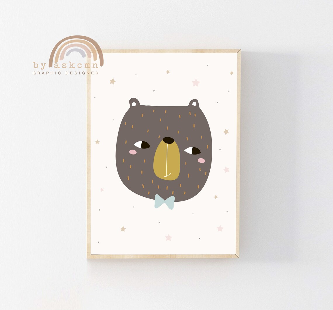 Cute Smiling Bear Cub In Red Knit Hat With Stars Nursery Poster - Image 2