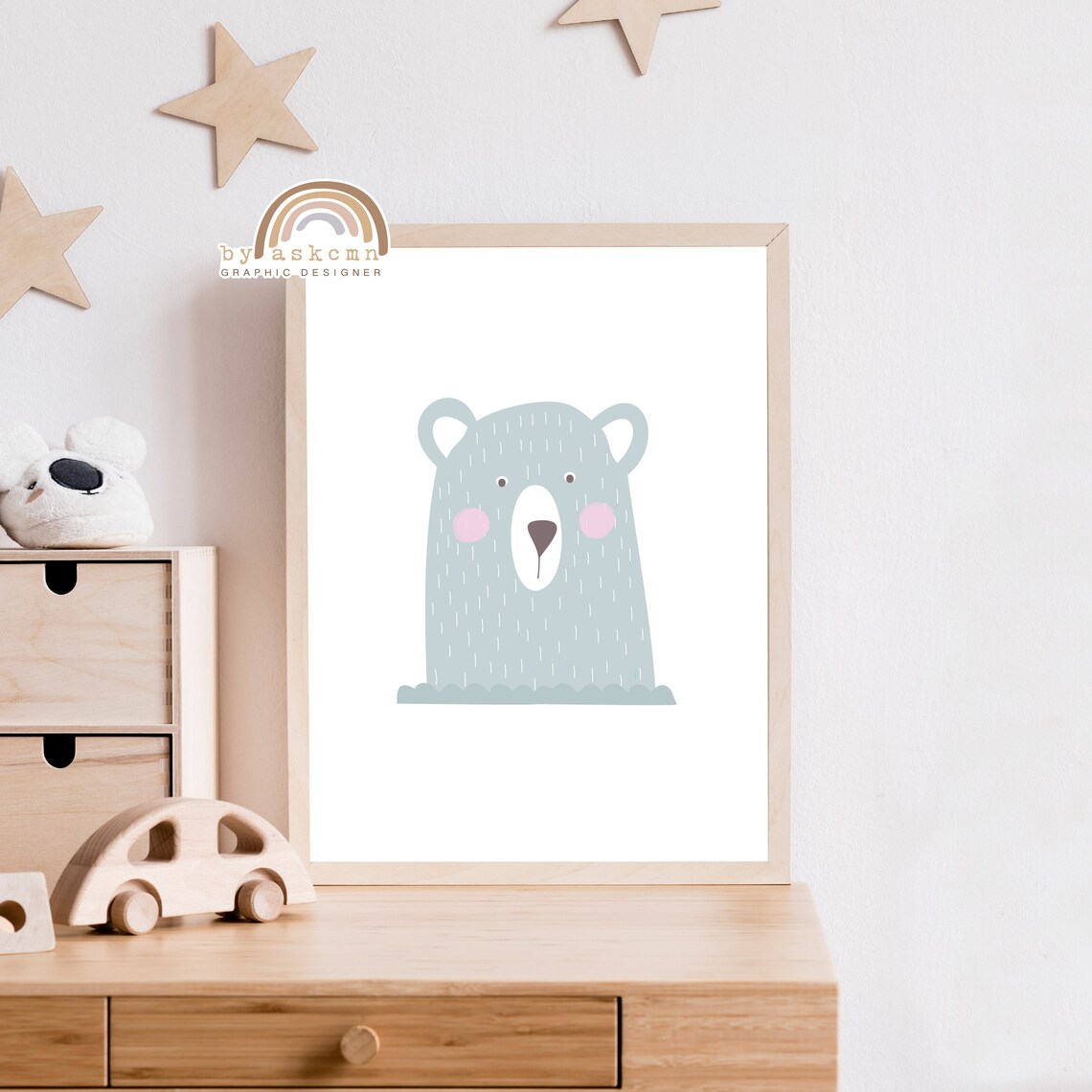Gray Bear Face With Pink Cheeks Minimalist Nursery Animal Poster - Image 3