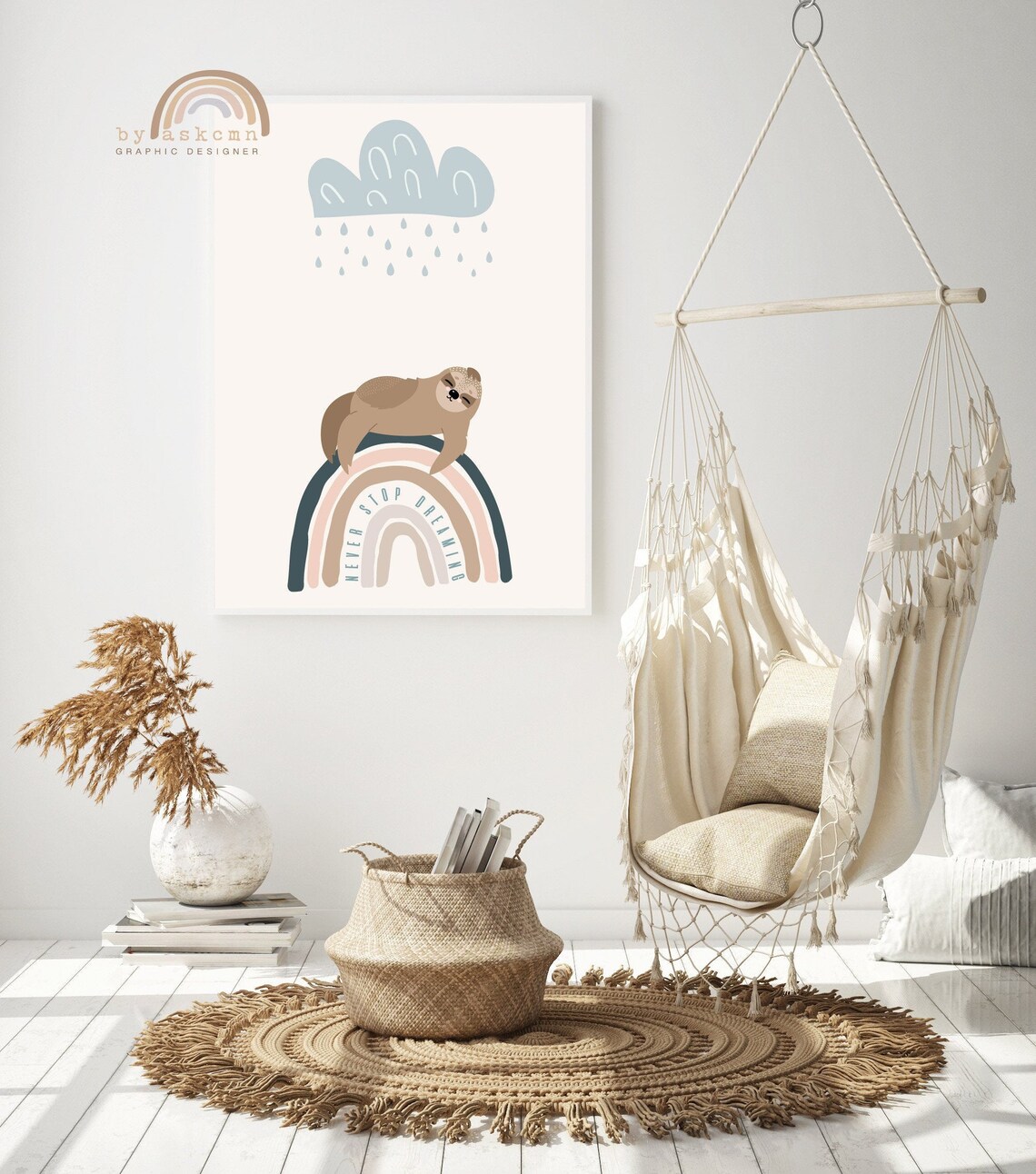 Sleepy Sloth Never Stop Dreaming Rainbow Rain Cloud Nursery Wall Decor Poster - Image 4