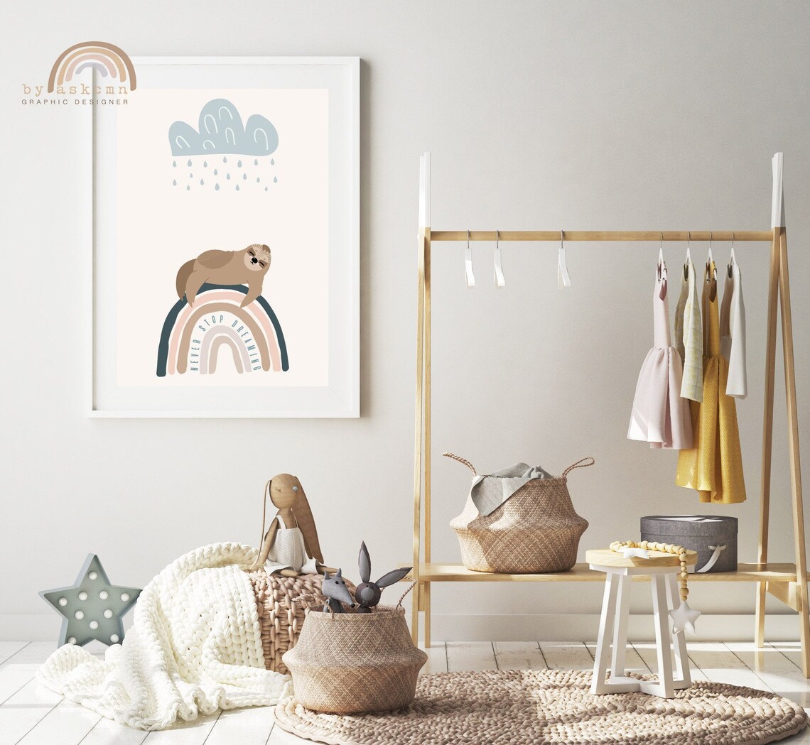 Sleepy Sloth Never Stop Dreaming Rainbow Rain Cloud Nursery Wall Decor Poster - Image 3