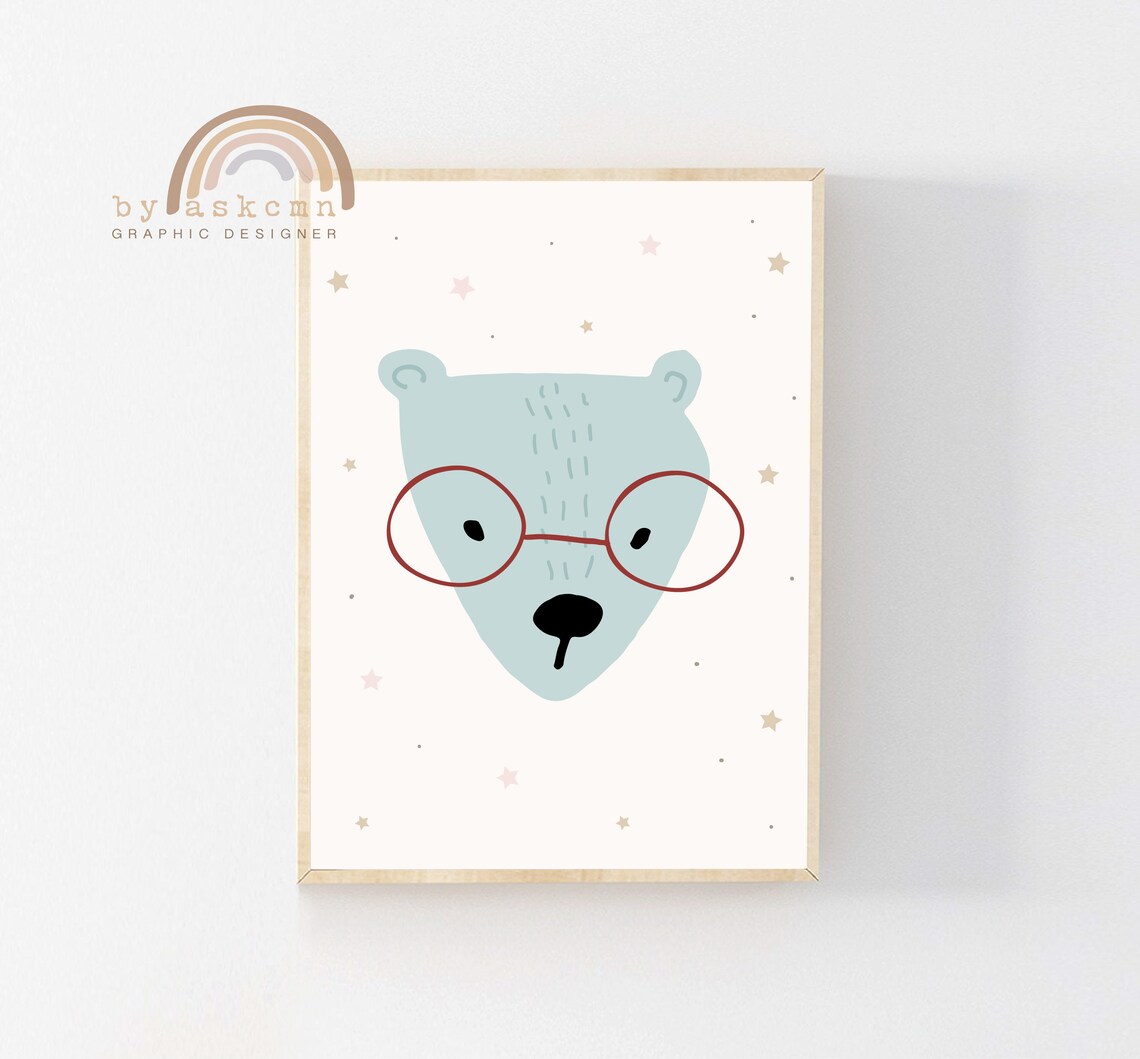 Cute Smiling Bear Cub In Red Knit Hat With Stars Nursery Poster - Image 4