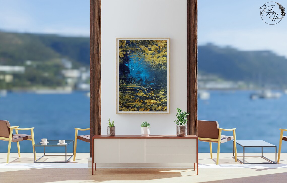 Gold Textured With Blue Base Abstract Artwork - Image 3