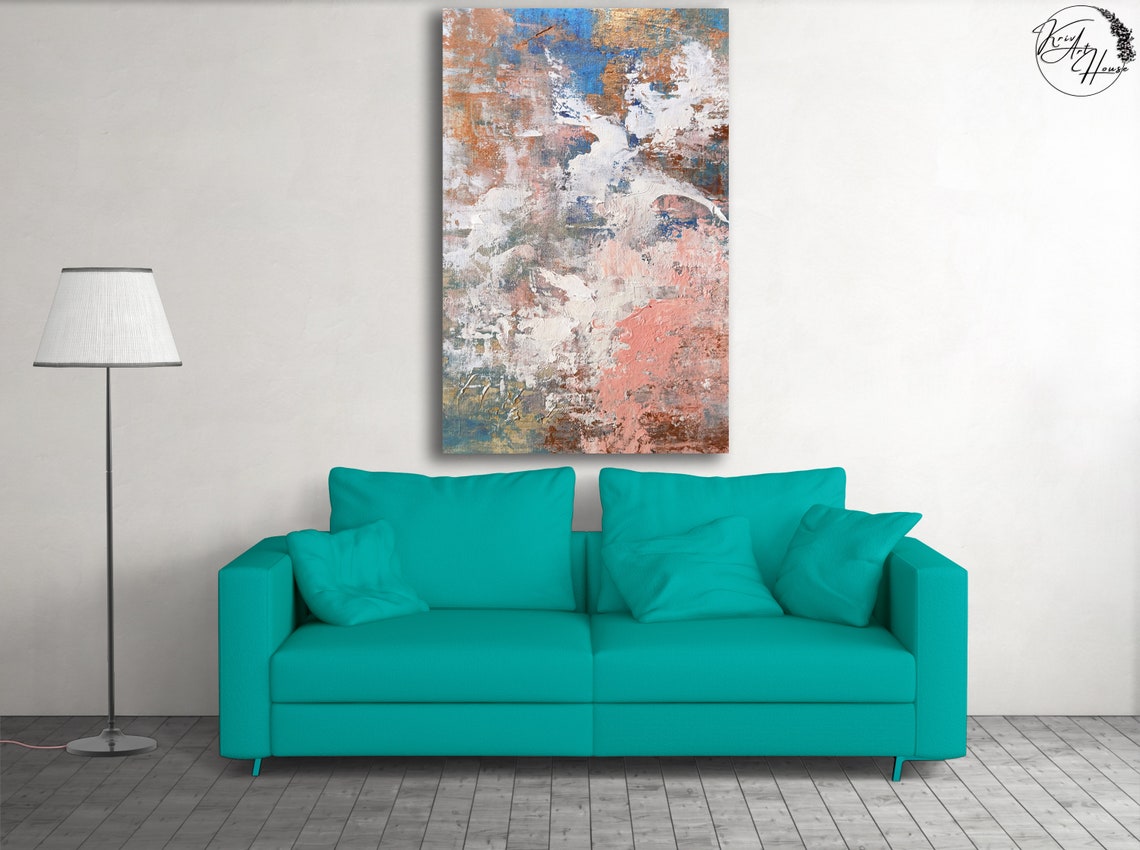 Blue Pink Copper Cloud Textured Abstract Painting Serene Wall Poster - Image 3