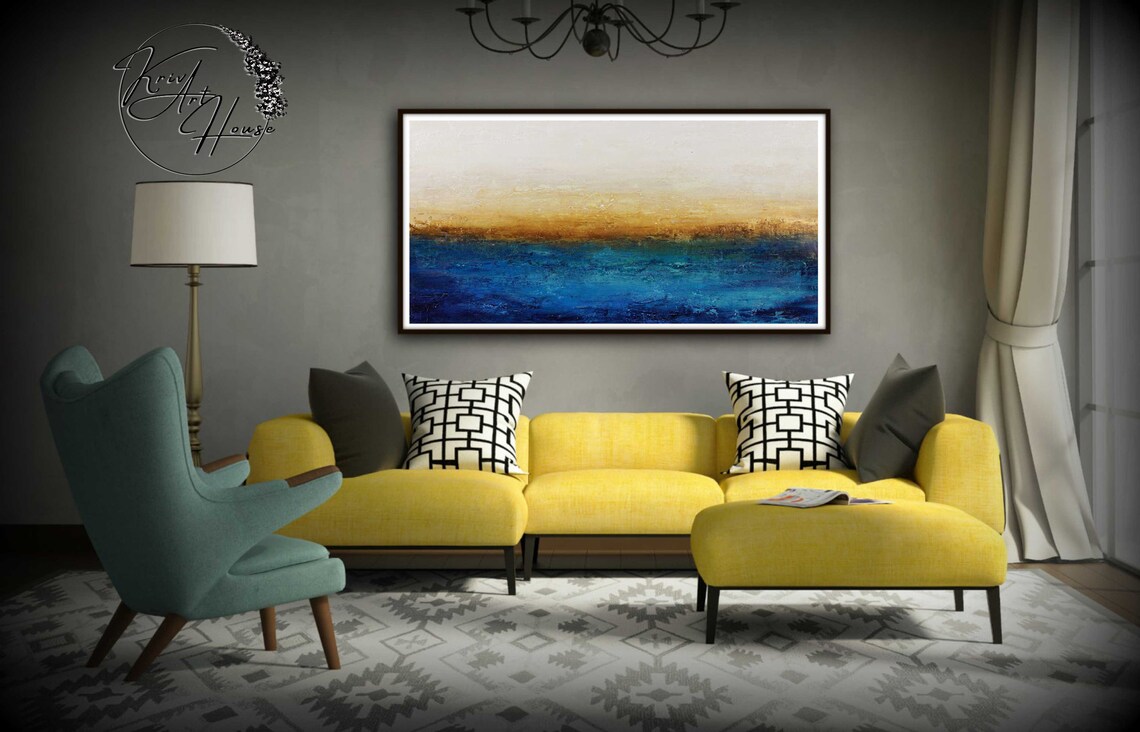 Original Acrylic Painting On Blue Painting Gold Painting Textured Abstract Painting Large Wall Art Dcor Oil Knife Painting - Image 2