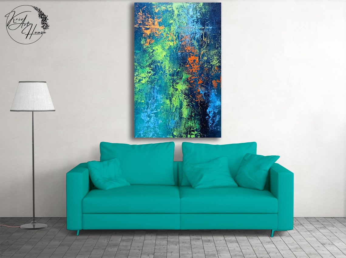 Blue Green Orange Vibrant Textured Abstract Horizontal Art Poster - Image 4