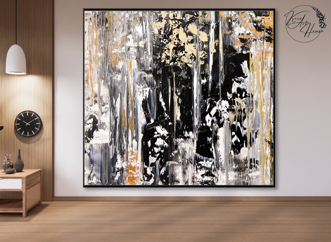 Black White Gold Drip Textured Abstract Painting Dramatic Wall Poster - Image 3