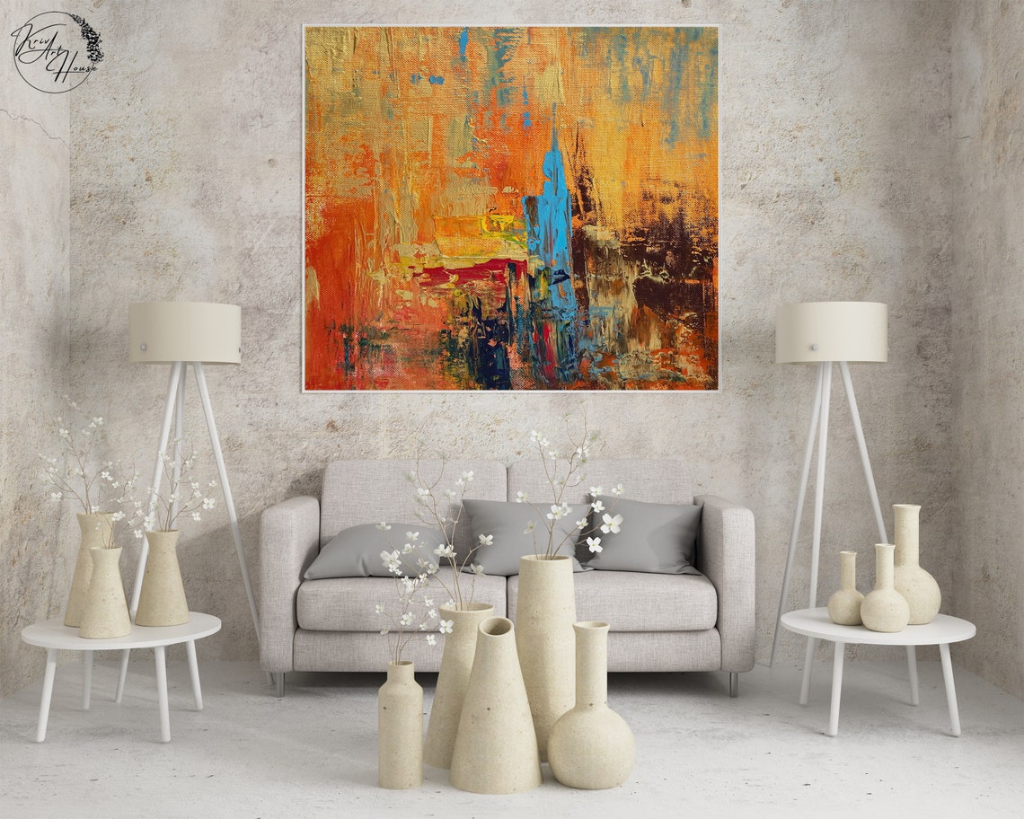 Fiery Orange Gold Blue Sunset Textured Abstract Horizontal Poster - Image 2