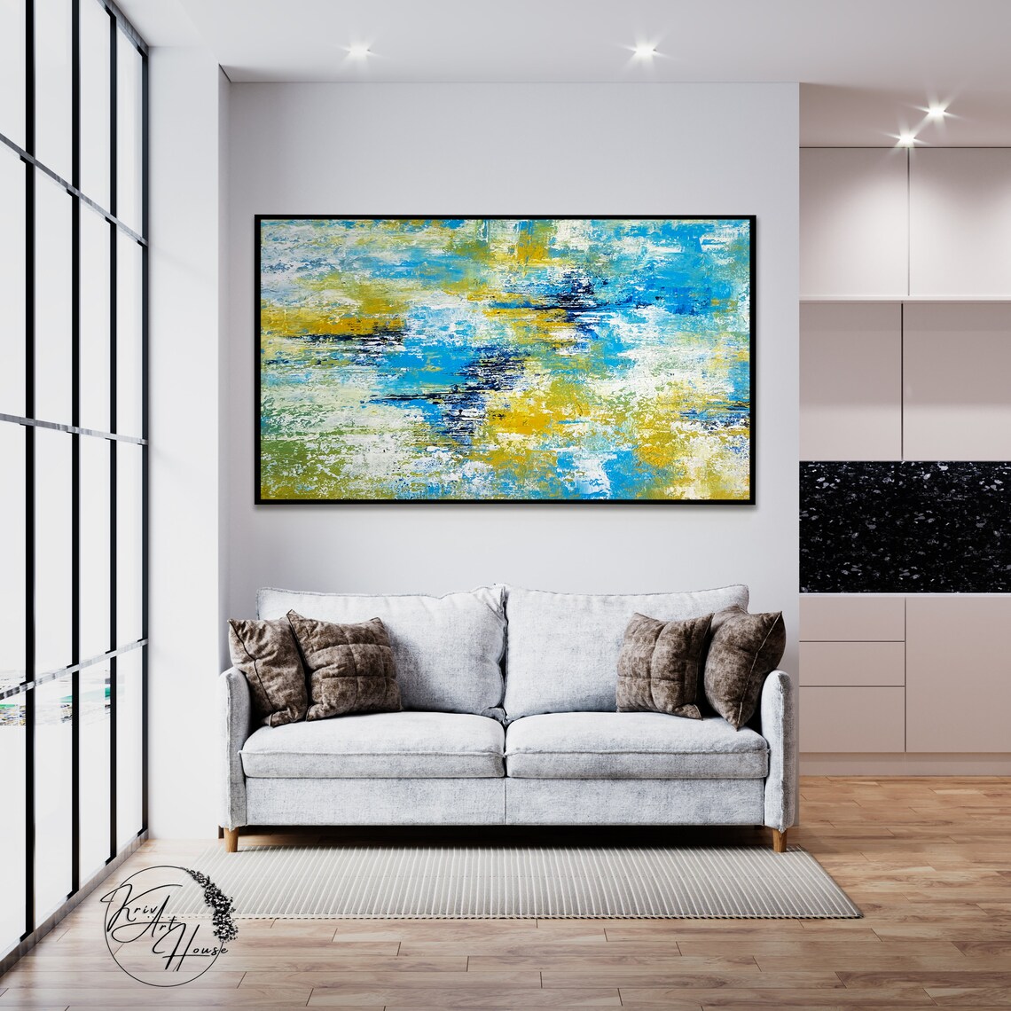 Blue and Yellow Vibrant Splatter Abstract Modern Wall Art Poster - Image 3