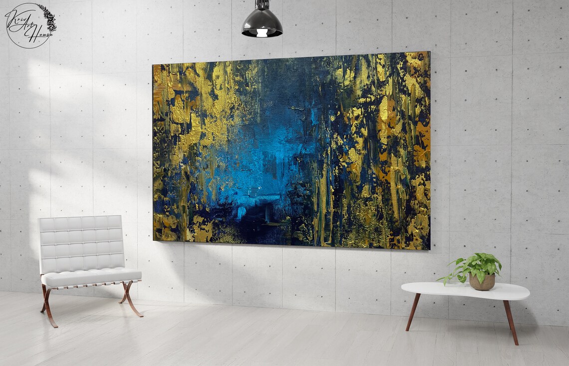 Gold Textured With Blue Base Abstract Artwork - Image 2