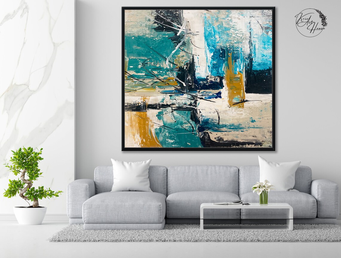 Teal White Gold Urban Textured Abstract City Block Wall Poster - Image 2