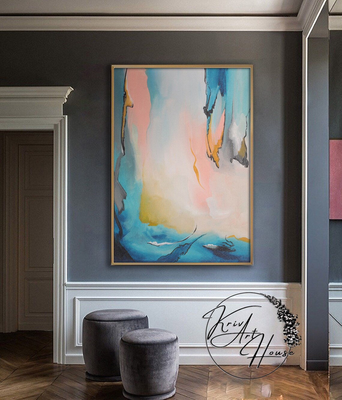 Blue And Pink Abstract Painting, Oversized Art Print - Image 2