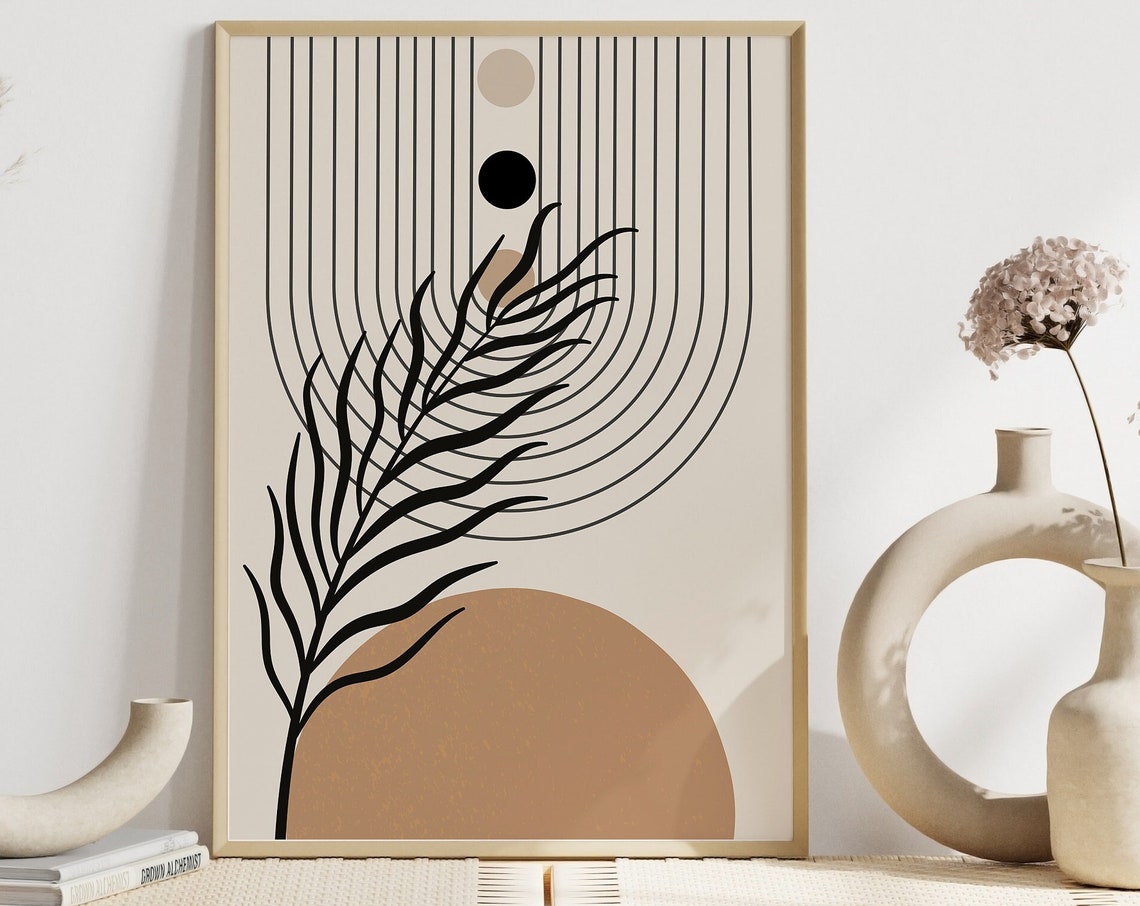 Black Leaf Branch Arch Lines Sun Mid Century Botanical Poster