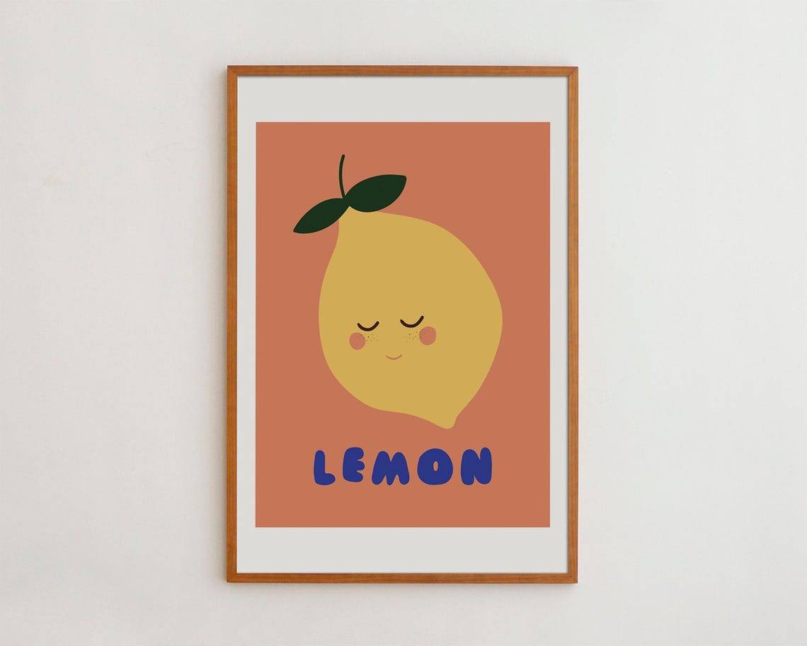 Smiling Lemon Cute Kawaii Fruit Minimalist Kitchen Decor Poster