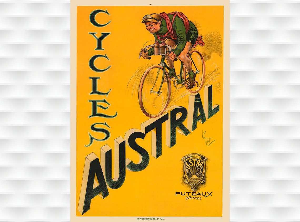 Cycles Austral Puteaux Orange Speed Vintage French Bicycle Poster
