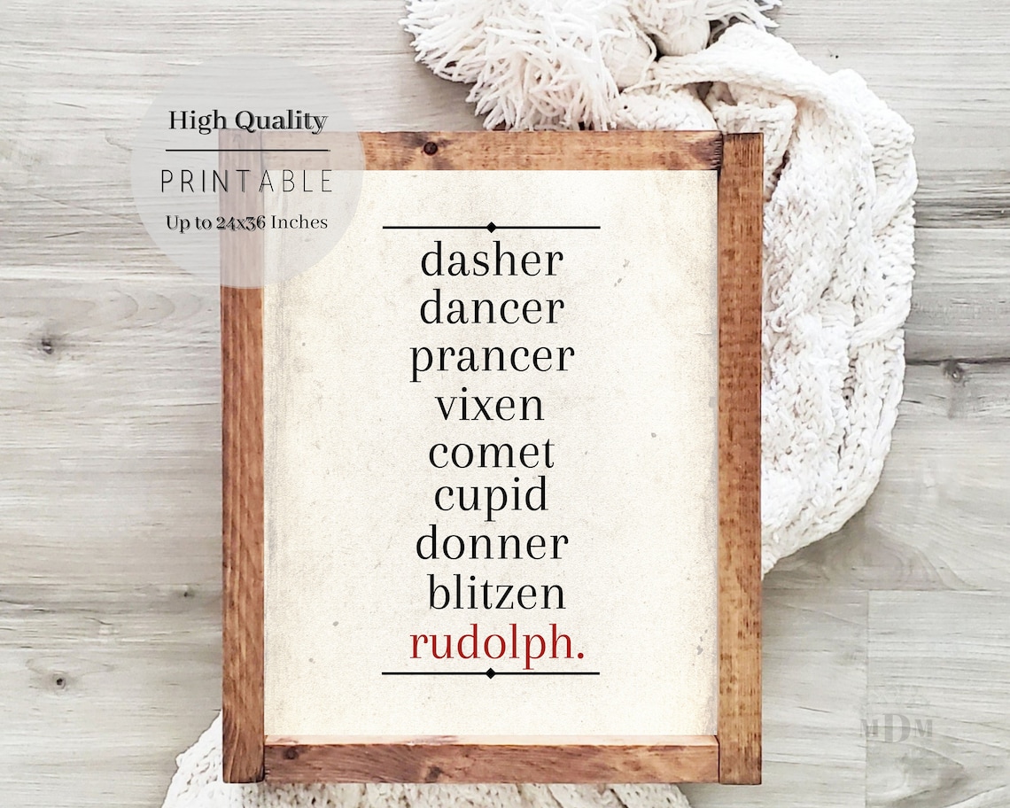 Reindeer Name Christmas Farmhouse Wall Art Print
