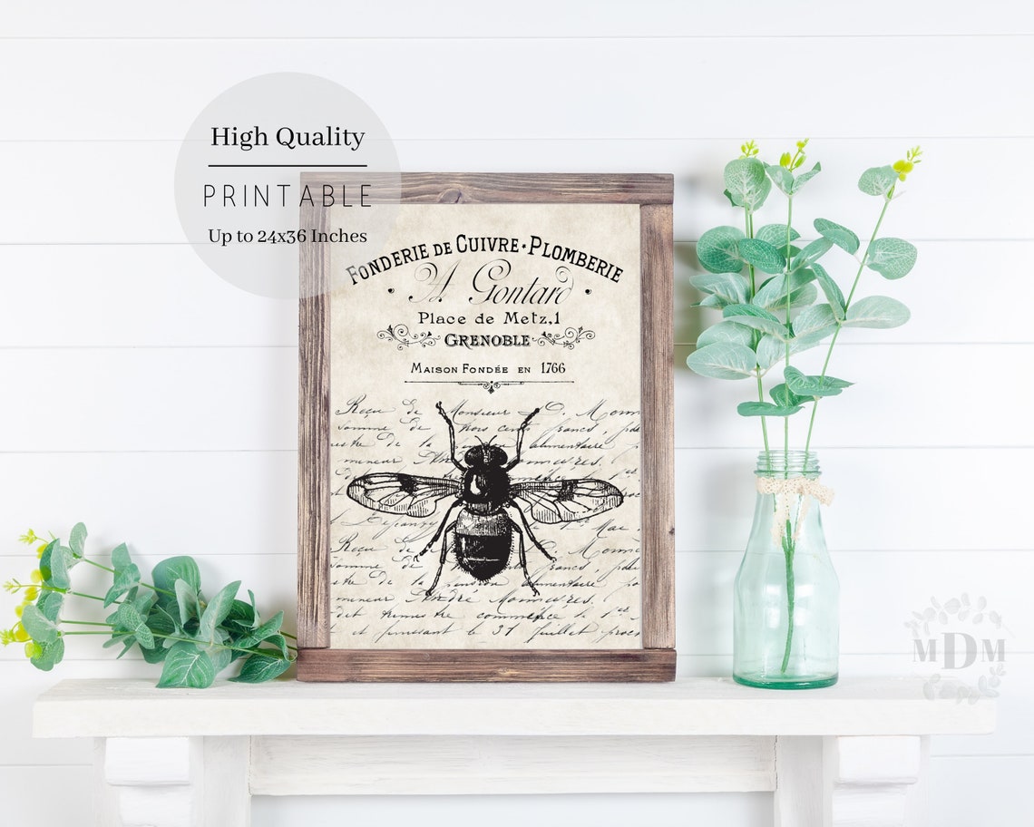 Black Bee French Typography Script Aged Parchment Vintage Wall Poster - Image 2