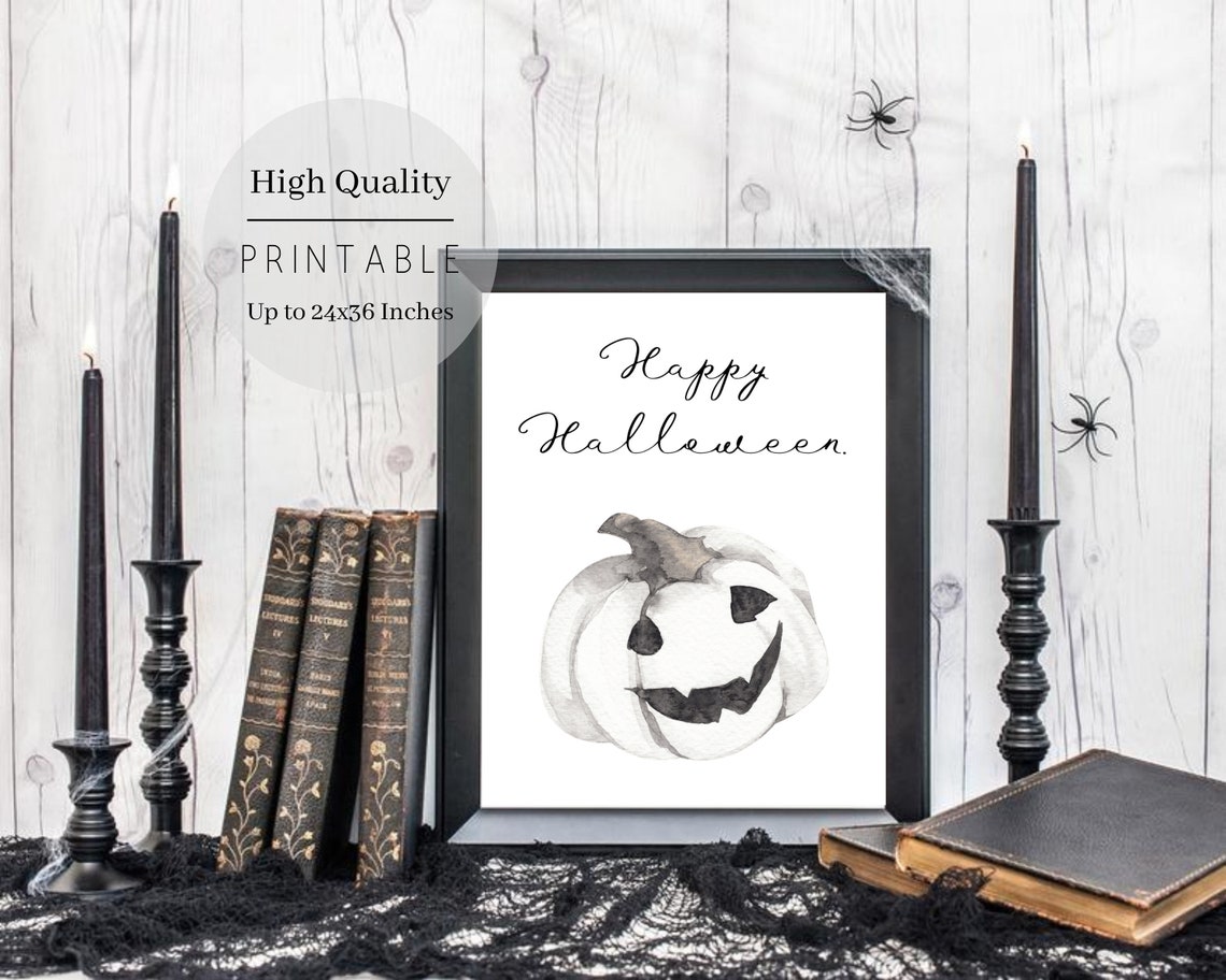 Happy Halloween Script Watercolor Jack O Lantern Pumpkin Poster