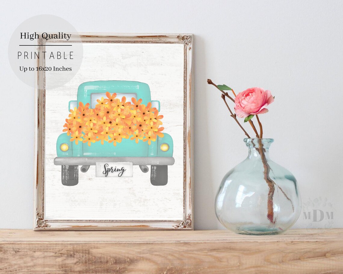 Teal Vintage Truck Loaded with Orange Daisies Spring Farmhouse Art Print