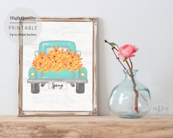 Teal Vintage Truck Loaded with Orange Daisies Spring Farmhouse Art Print