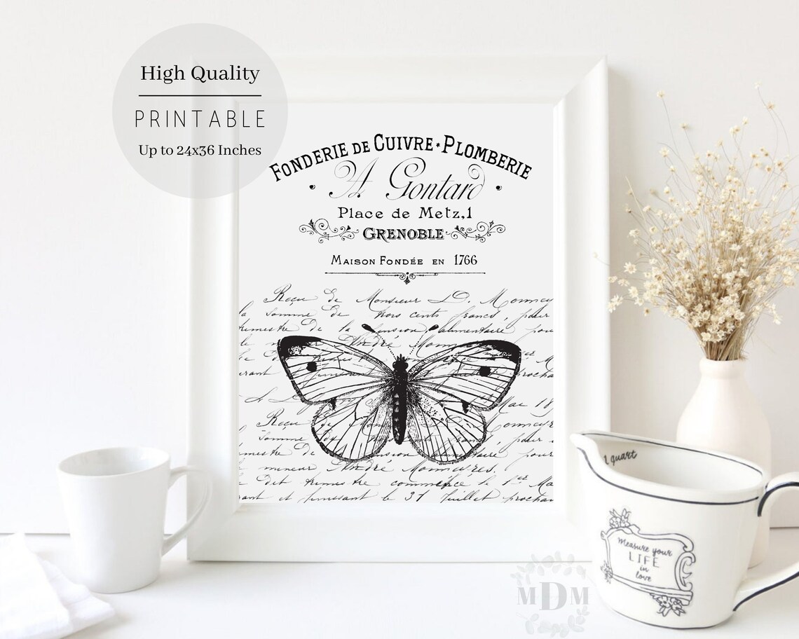 Black White Butterfly French Script Typography Vintage Grenoble Art Poster - Image 5