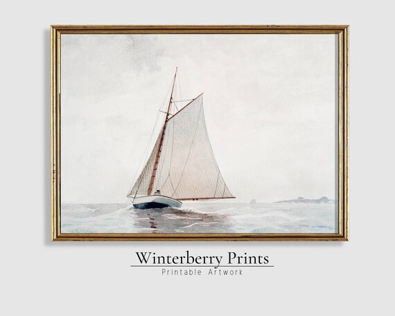 Vintage Sailboat White Sails Calm Sea Antique Watercolor Nautical Poster