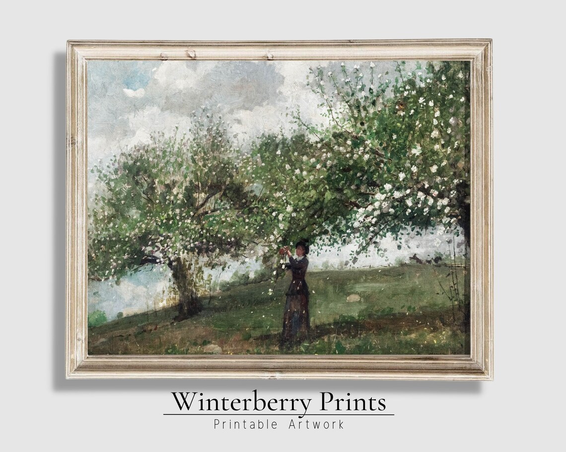 Vintage Lady Picking Blossoms Flowering Orchard Oil Painting Antique Poster - Image 4