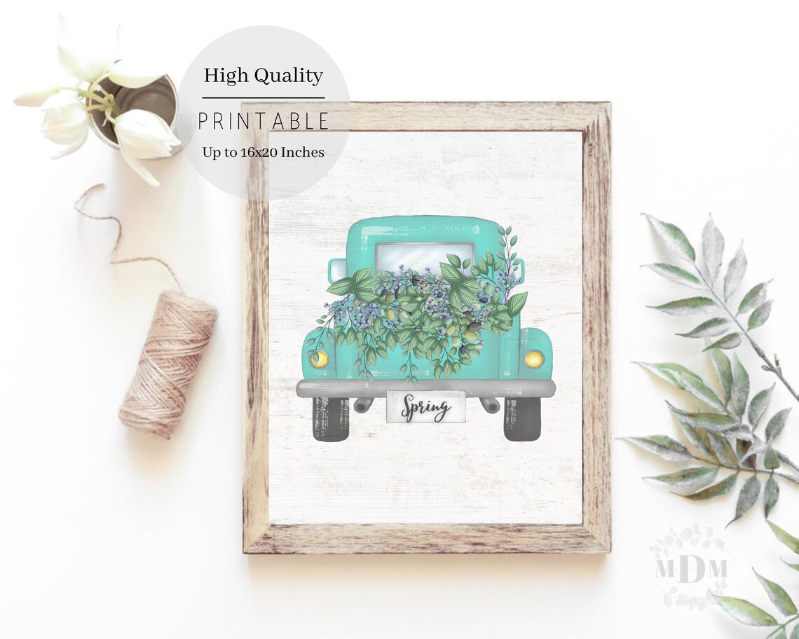 Vintage Turquoise Truck Front Spring Flowers Greenery Farmhouse Art Poster - Image 2