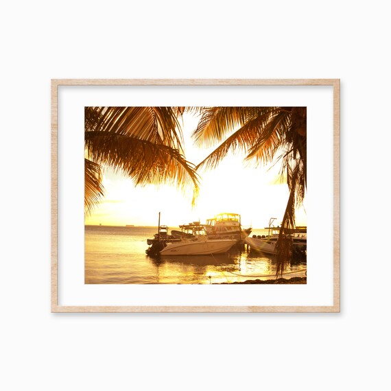 Sunset Marina Boats Golden Water Palm Fronds Tropical Photo Poster