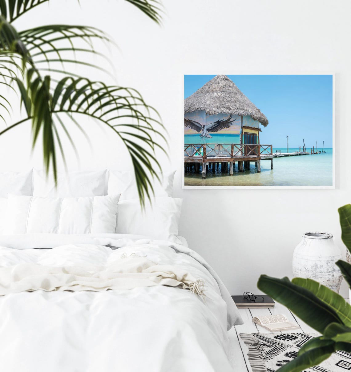 Thatched Palapa Hut Overwater Bird Mural Wooden Pier Photo Poster - Image 2