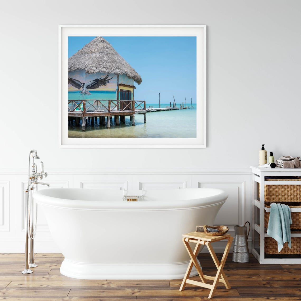 Thatched Palapa Hut Overwater Bird Mural Wooden Pier Photo Poster - Image 3