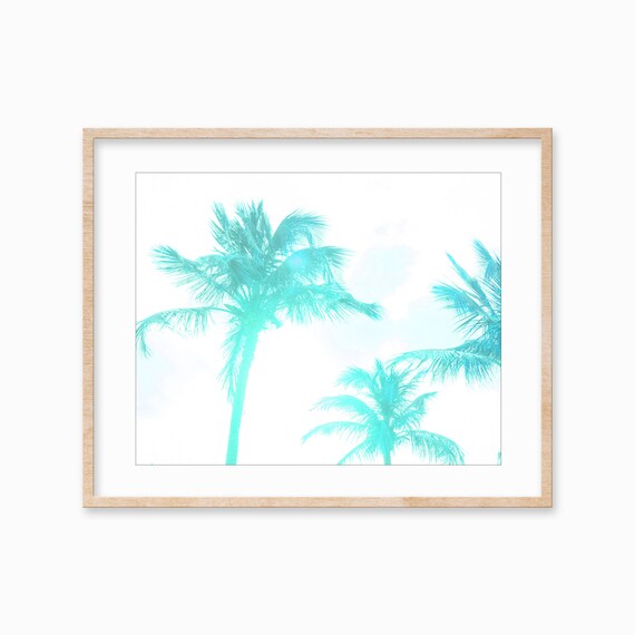 Turquoise Palm Tree Print Tropical Large Wall Art Turquoise Art Boho Beach Print Blue Palm Tree Blue Artwork