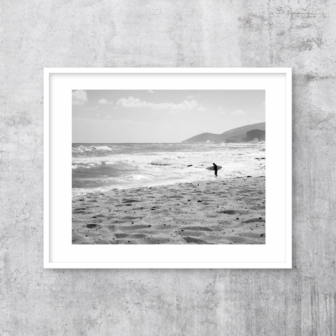 Black and White Surfer on Beach Holding Surfboard Photography Poster - Image 3