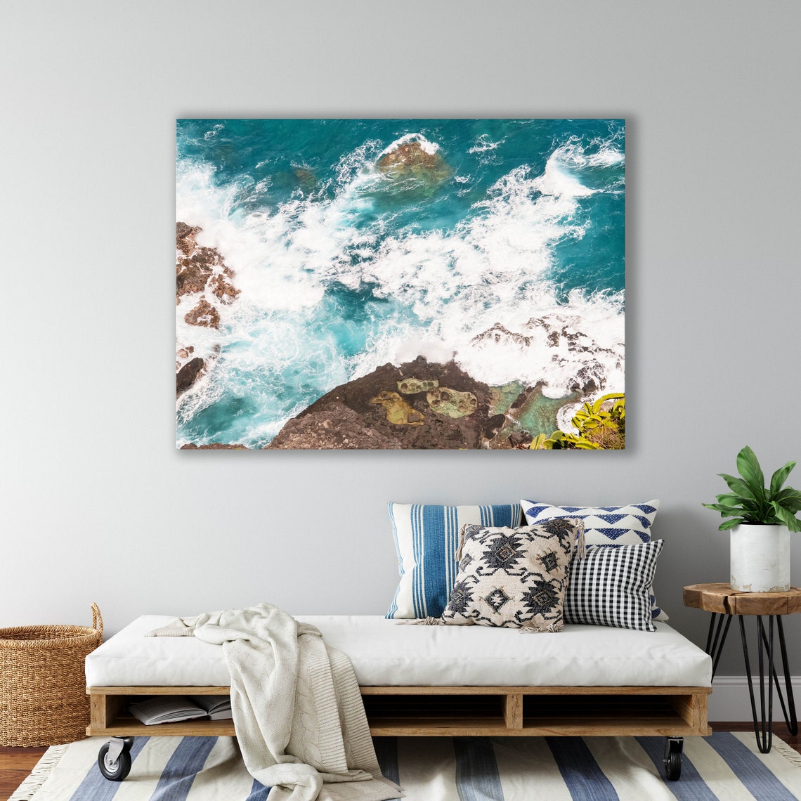 Aerial View of Turquoise Ocean Waves Crashing on Dark Rocks Poster - Image 3
