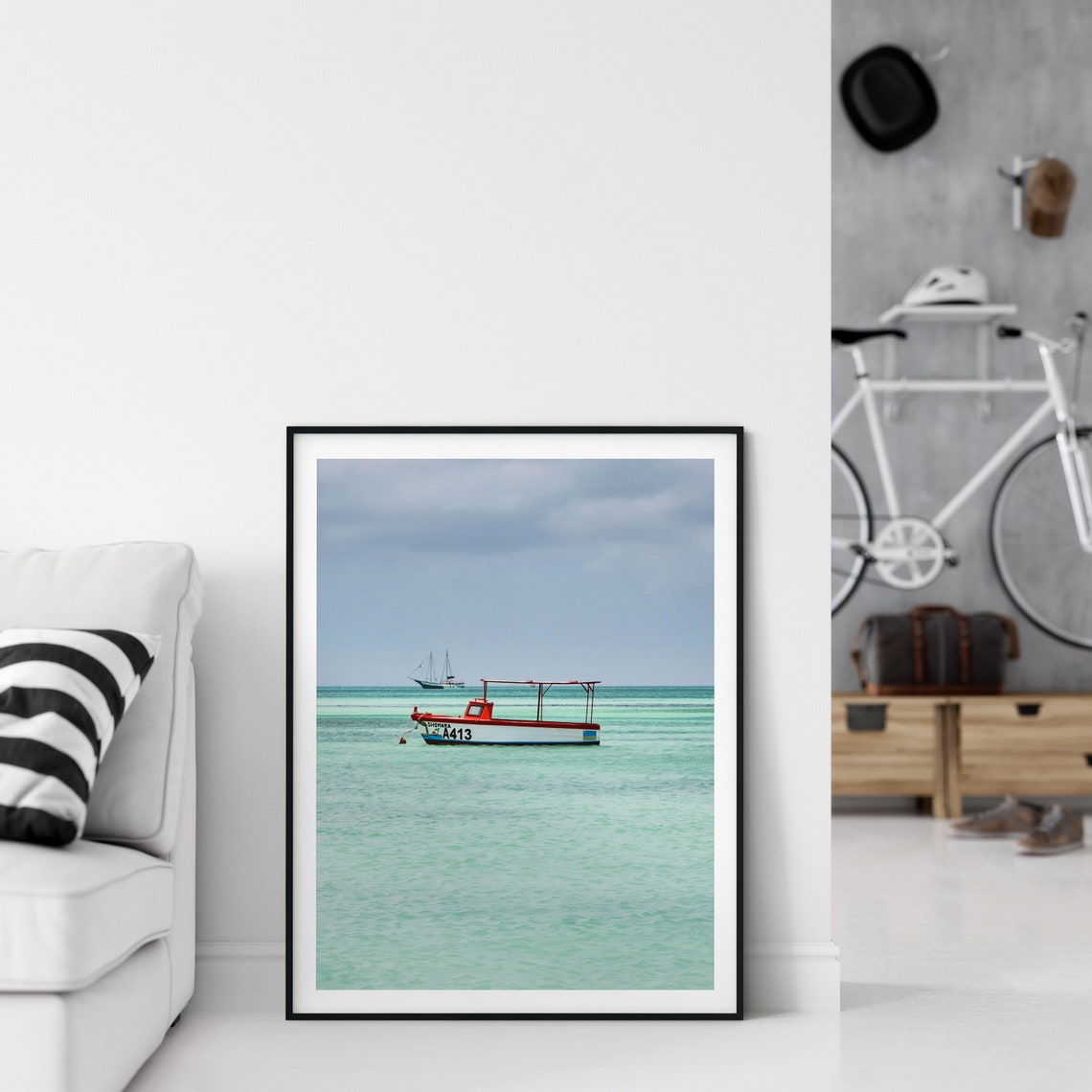 Red A13 Fishing Boat Floating on Calm Turquoise Ocean Sea Poster - Image 2