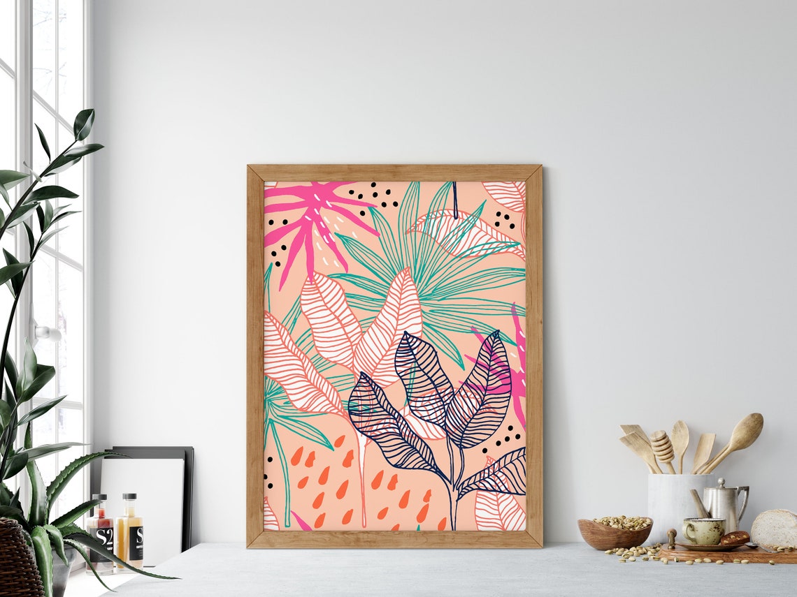 Tropical Leaves Line Art Peach Botanical Foliage Pattern Poster - Image 3