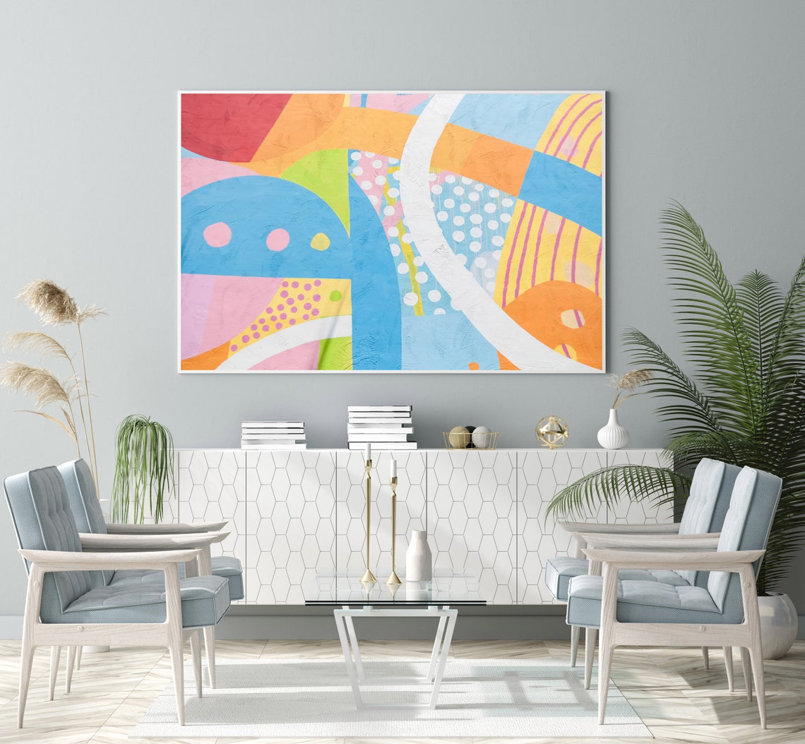 Blue Pink Orange Abstract Mural with Polka Dots Stripes Poster - Image 3