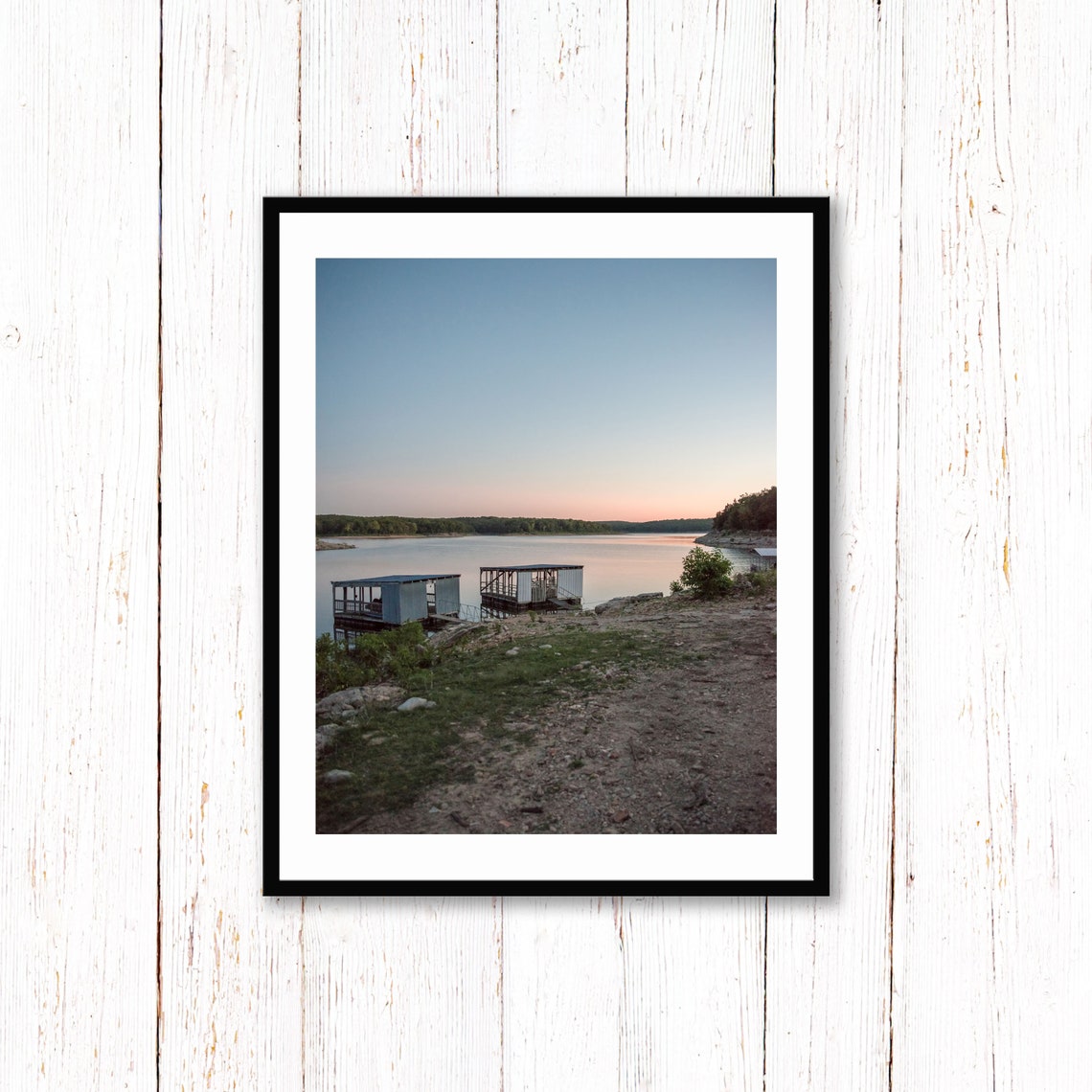 Boathouses on Still Lake at Sunset Pink Horizon Photography Poster - Image 2