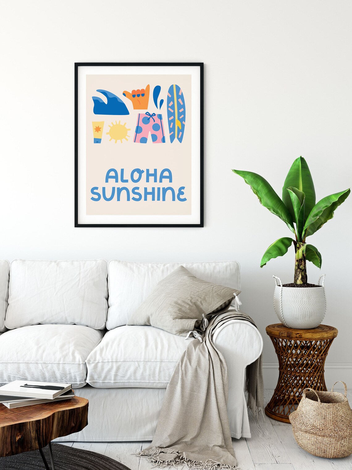 Aloha Sunshine Beach Graphic With Surfboard Shaka Hand Poster - Image 2