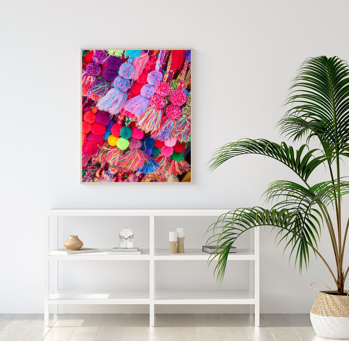 Colorful Yarn Pom Poms and Tassels in a Festive Display Poster