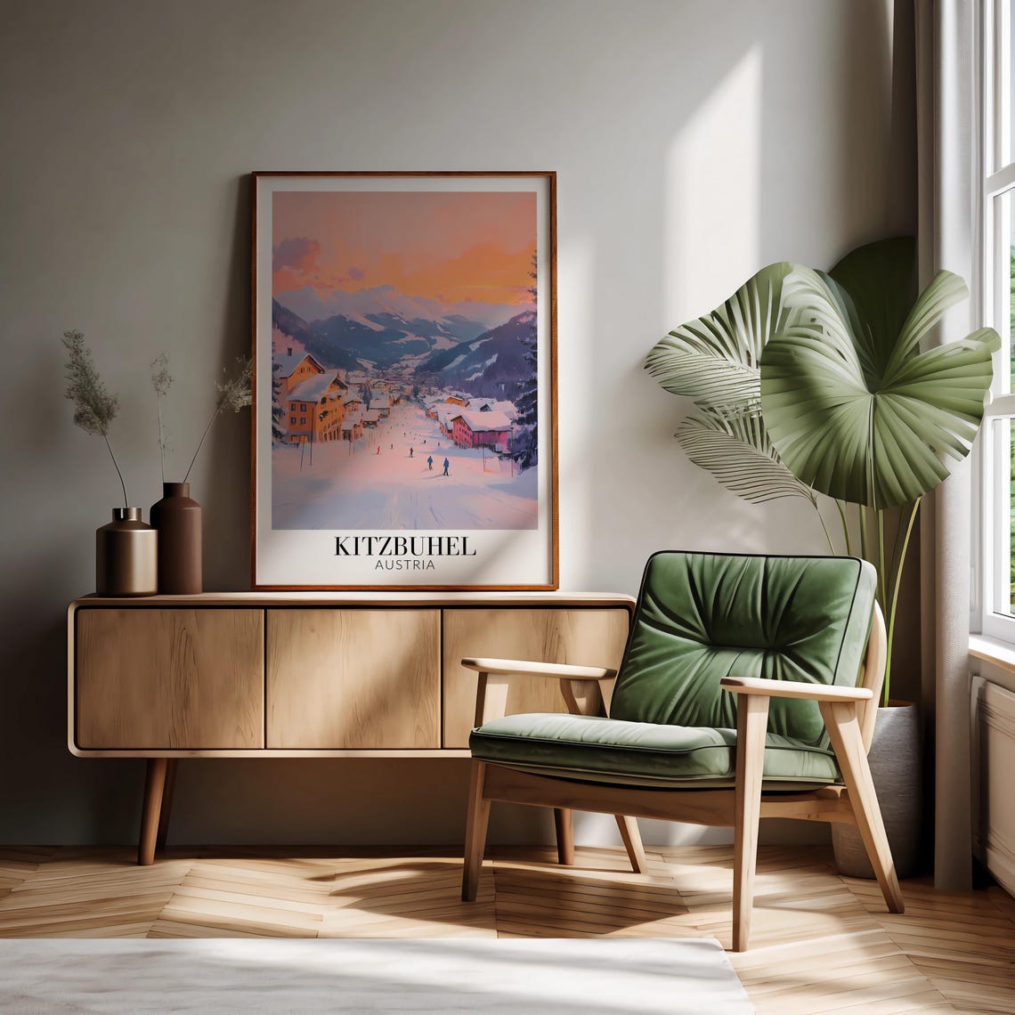 Kitzbuehel Austria Sunset Ski Slopes Above the Village Poster - Image 2