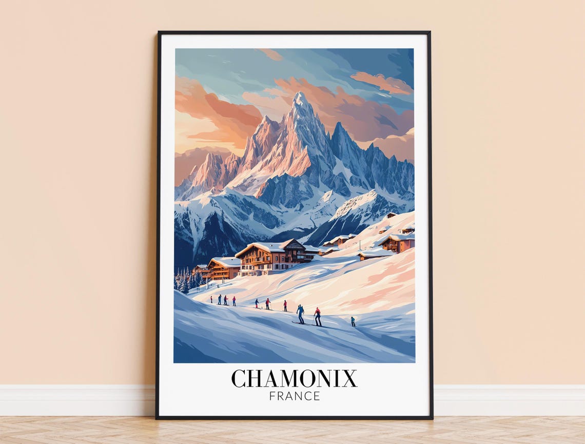 Chamonix France Sunrise Over Snowy Chalets Winter Travel Poster