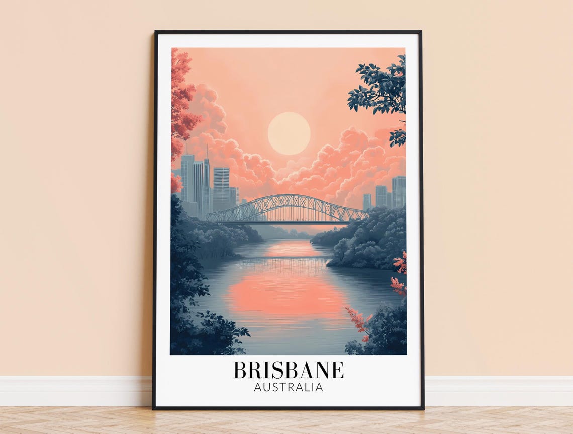 Brisbane Australia Sunset River Bridge Pastel Sky Travel Poster
