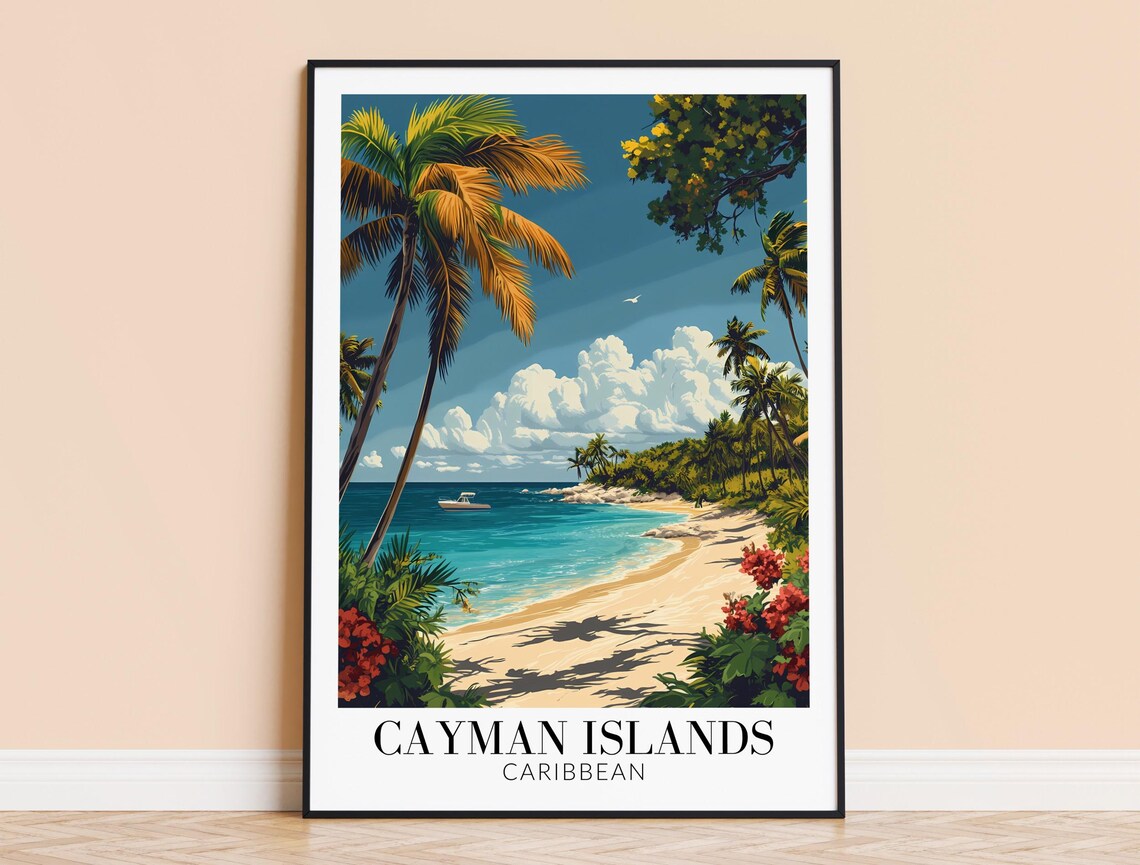 Cayman Islands Palm Framed Sandy Beach Boat Caribbean Travel Poster
