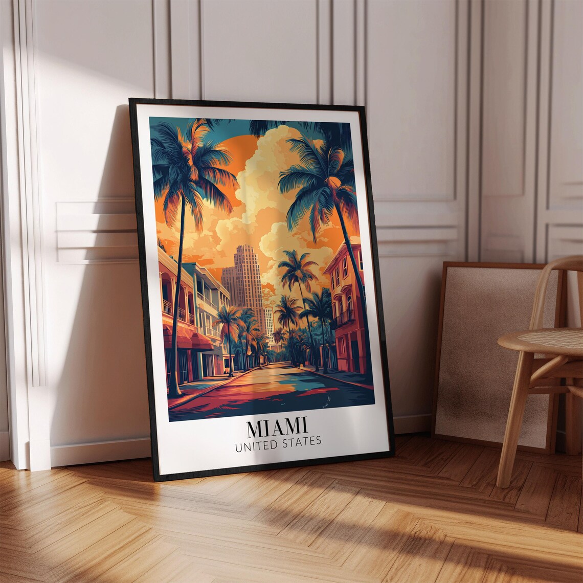 Miami Palm Lined Street Sunset Glow Downtown Towers Travel Poster - Image 2